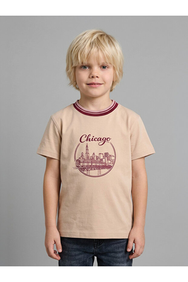 Boys Beige Graphic Print Contrast Crew Neck Regular Fit T-Shirt By Juniorloom