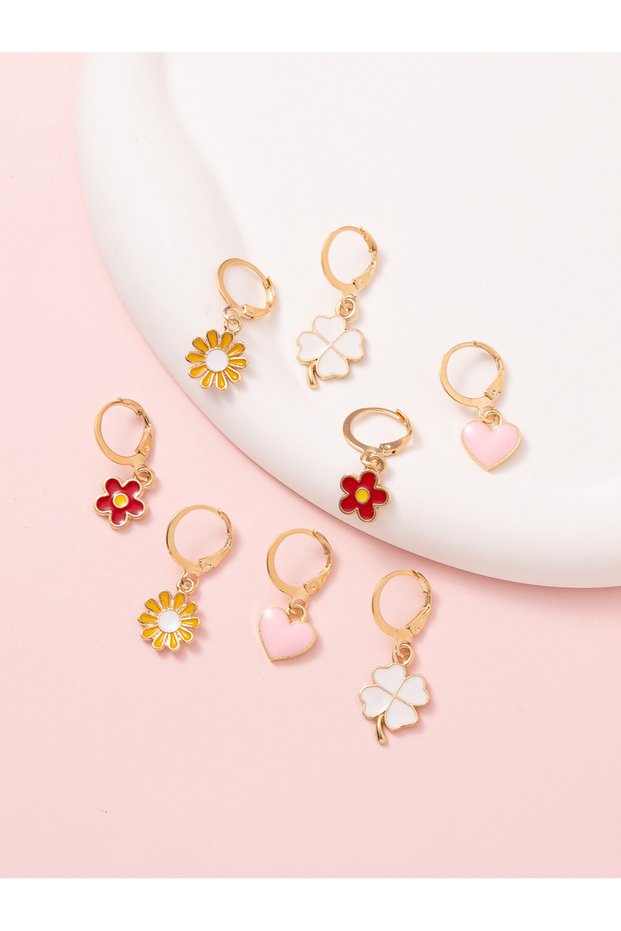 Girls Set of 5 - Heart Flower Drop Earrings