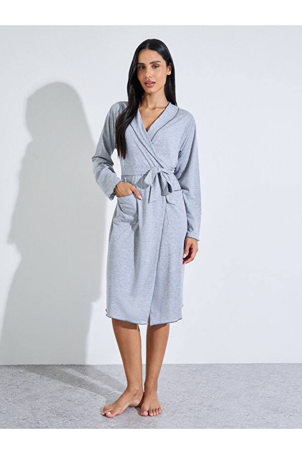Grey Solid Tie-Up Waist Knit Robe with Pockets