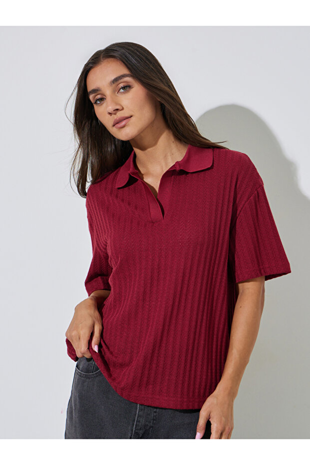 Burgundy Textured Knit Polo T-Shirt