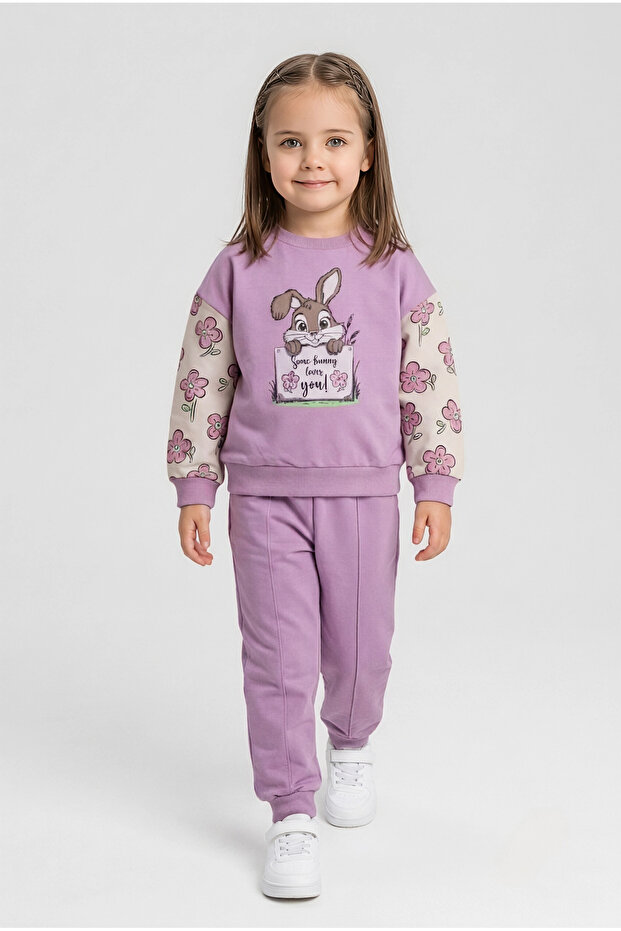 Girl's Seasonal 2-Yarn Cotton Rabbit Figure Tracksuit Top and Bottom Set 2-6 Years Old