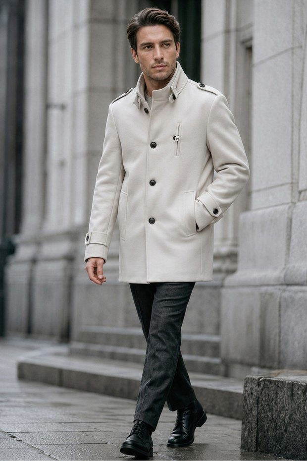 Men's Cream Slim Fit Long Cashmere Coat