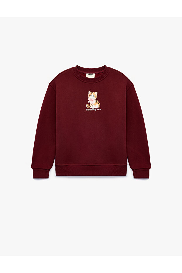 Three Threaded Ribbed Long Sleeve Crew Neck Cat Printed Sweatshirt