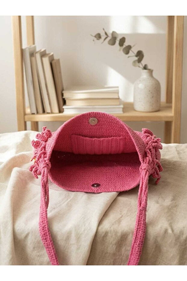 Bead Detailed Knitted Bag Handmade Eyelet