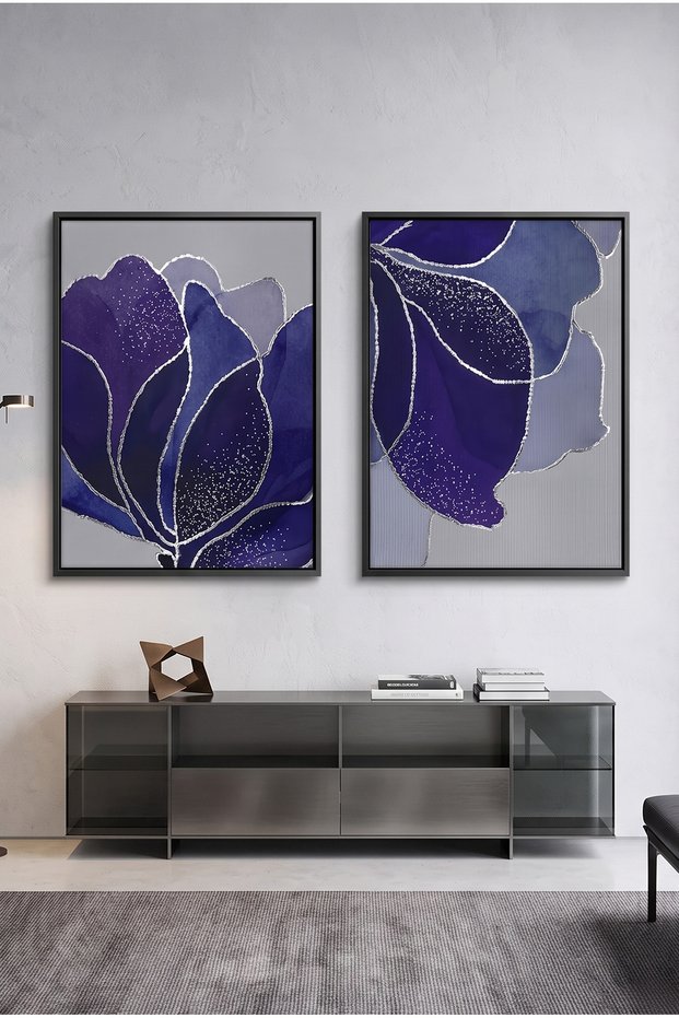 Indigo Sparkle Floral Canvas Art Set of 2 | Navy Blue Botanical Wall Decor | Modern Glam Living Room Bedroom Art Print | Diptych Wall Art