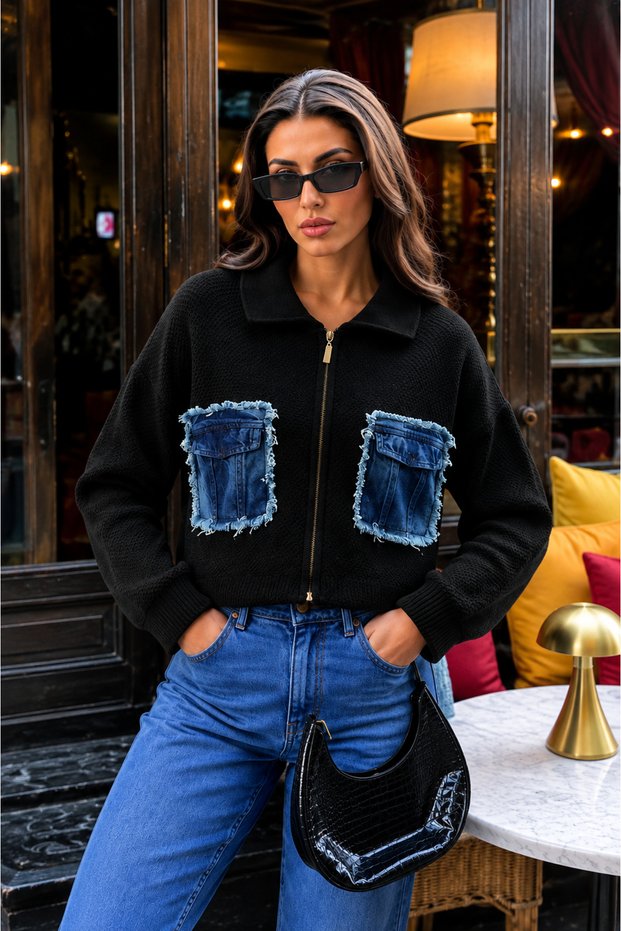 Women's Denim Pocket Detailed Zippered Knitwear Jacket – Casual and Stylish