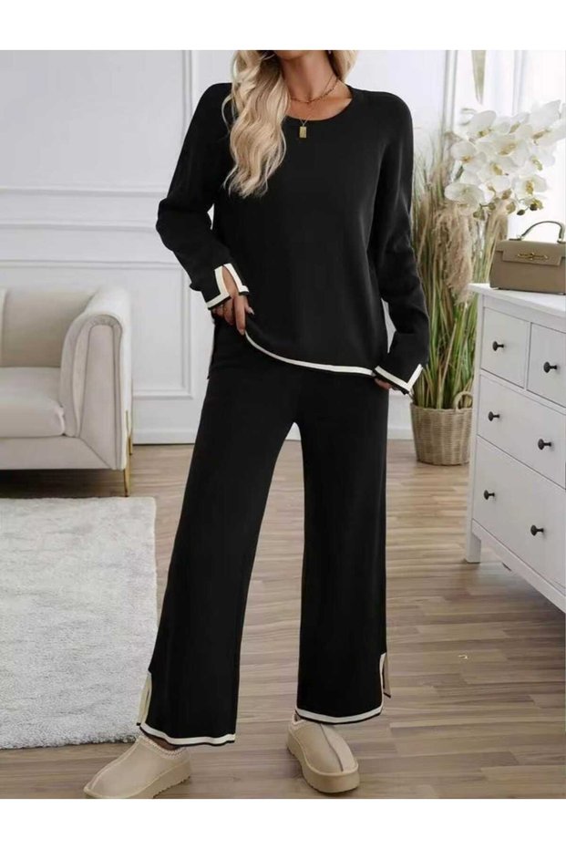 Minimalist Women's Knitwear Set Polo Neck Sweater and Pants