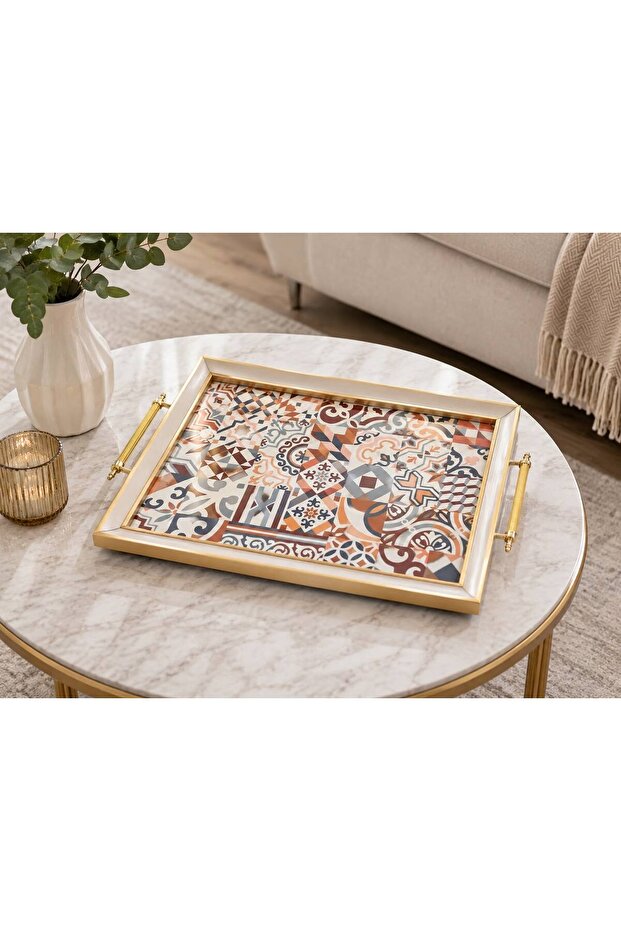 Mosaic Elegance Geometric Patterned Glass Tray with Handle 42X30