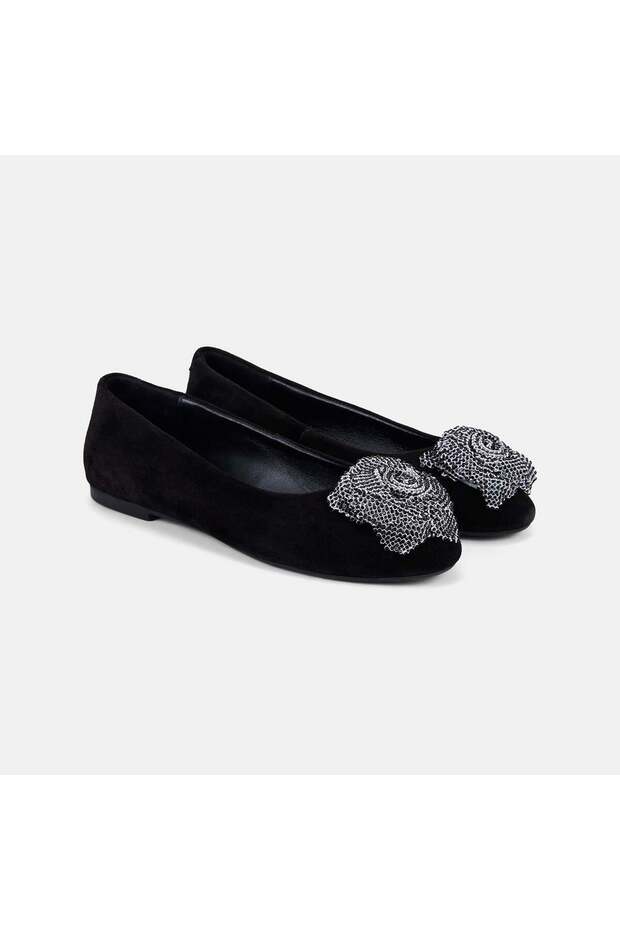 Women's Black Suede Ballerinas with Stone Flower Accessories