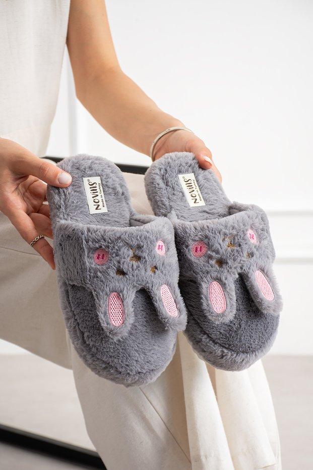Women's Plush House Slippers with Rabbit Figure, Furry Soft Sole Winter Slippers