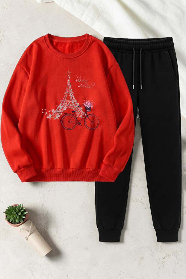 Unisex Bonjour Paris Design Printed Crew Neck Sweatshirt - 2-Piece Tracksuit Set