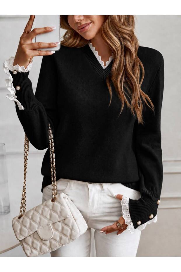 Women's V-Neck Lace Detailed Pearl Buttoned Long Sleeve Knitwear Sweater