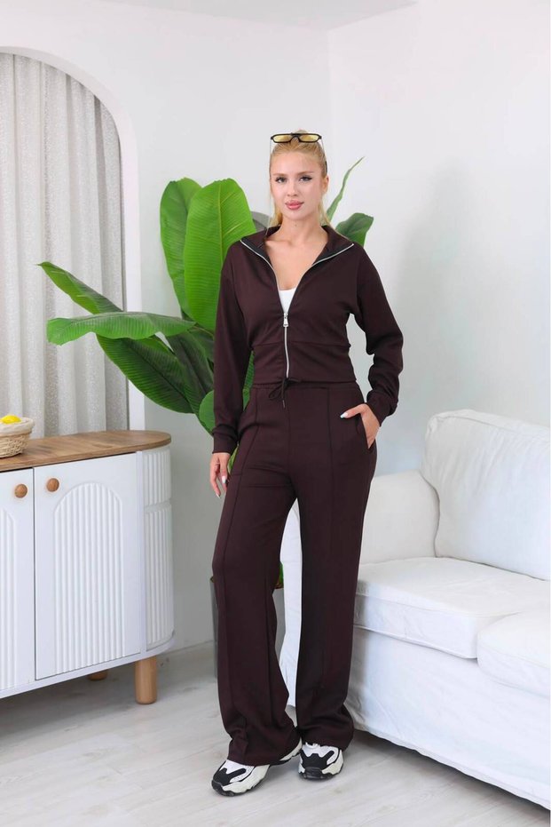 Women's Stand Collar Zippered Wide Leg Two-Piece Tracksuit Set