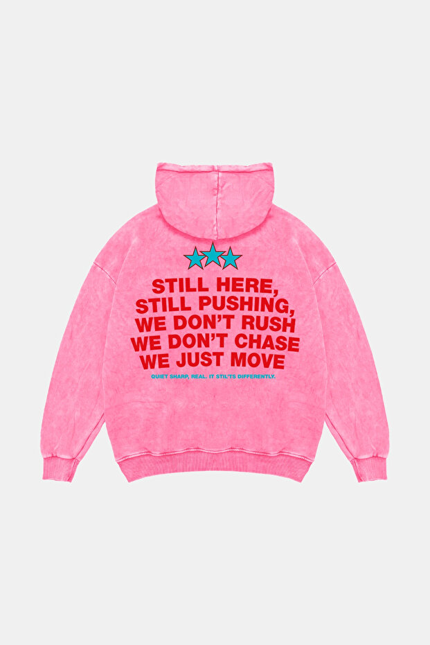 Still Moving Printed Oversize Unisex Washable Pink Hoodie