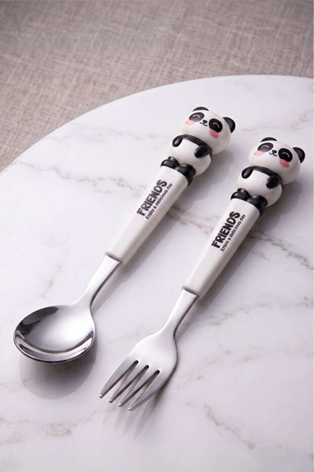 Children's Animal Figured Fork Spoon Set White - Thn76781