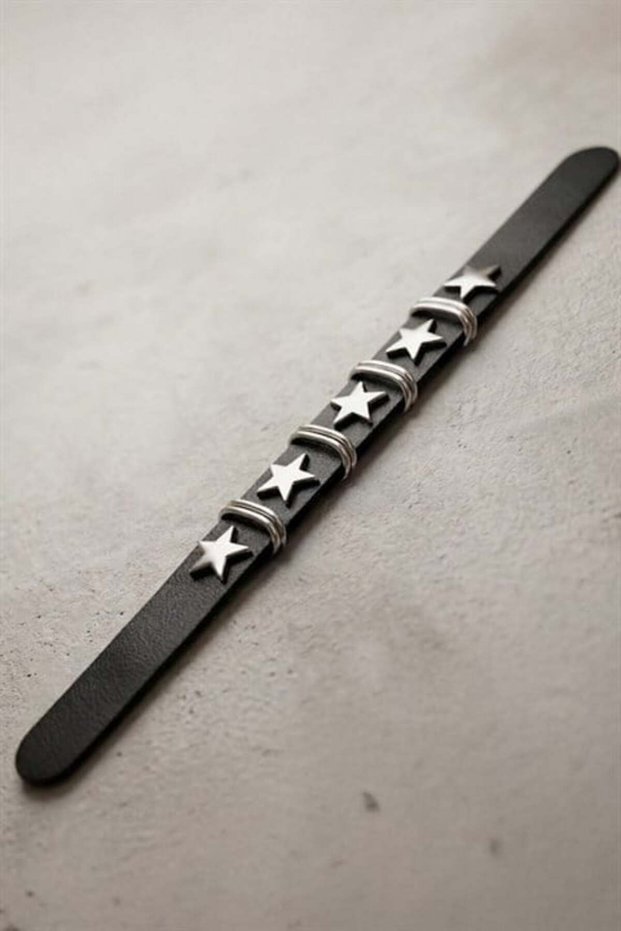 Black Star Wire Detailed Gothic Leather Bracelet