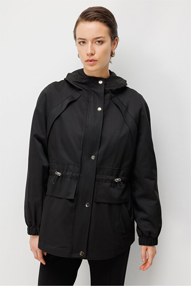Hooded Trench Coat with Elastic Sleeves