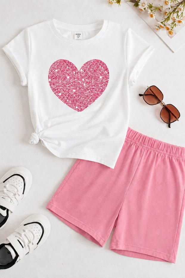 Heart Printed Cotton Kids Pink Shorts White T-Shirt Set - Girls Boys Summer Crew Neck