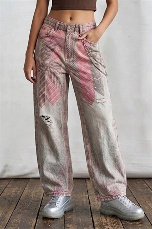 Gray Washed Pink Tie-Detail Y2K Baggy Pants
