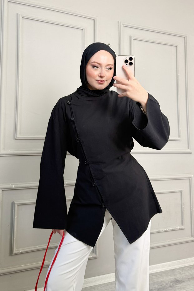 Black 100% Cotton Linen Shirt | Asymmetrical Button Detail, Tie Back, Comfortable Fit | Modern Stylish Hijab Shirt | Casual Elegant Women's Tops
