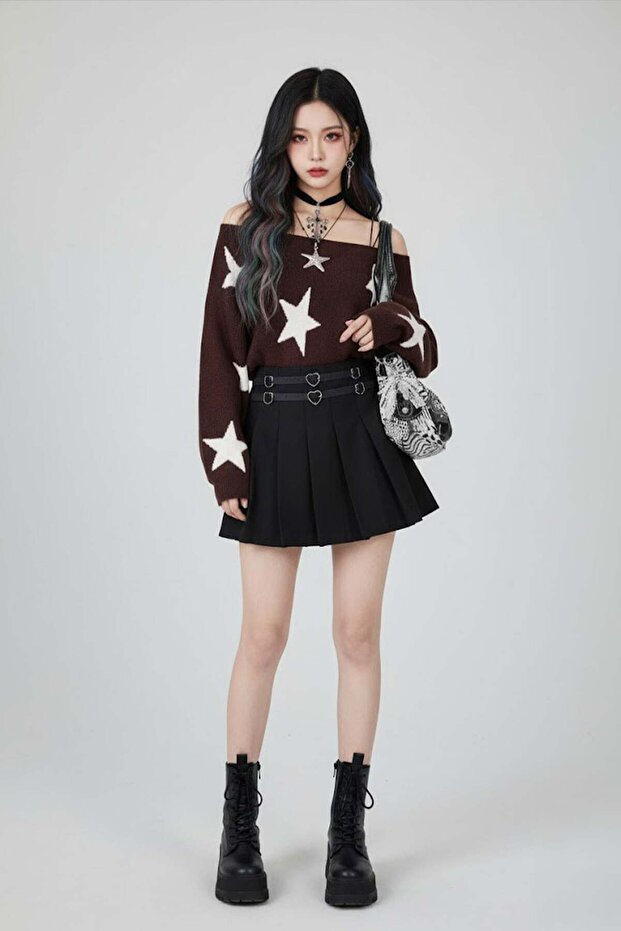 Brown Stars Strap Y2K Knitwear Sweater