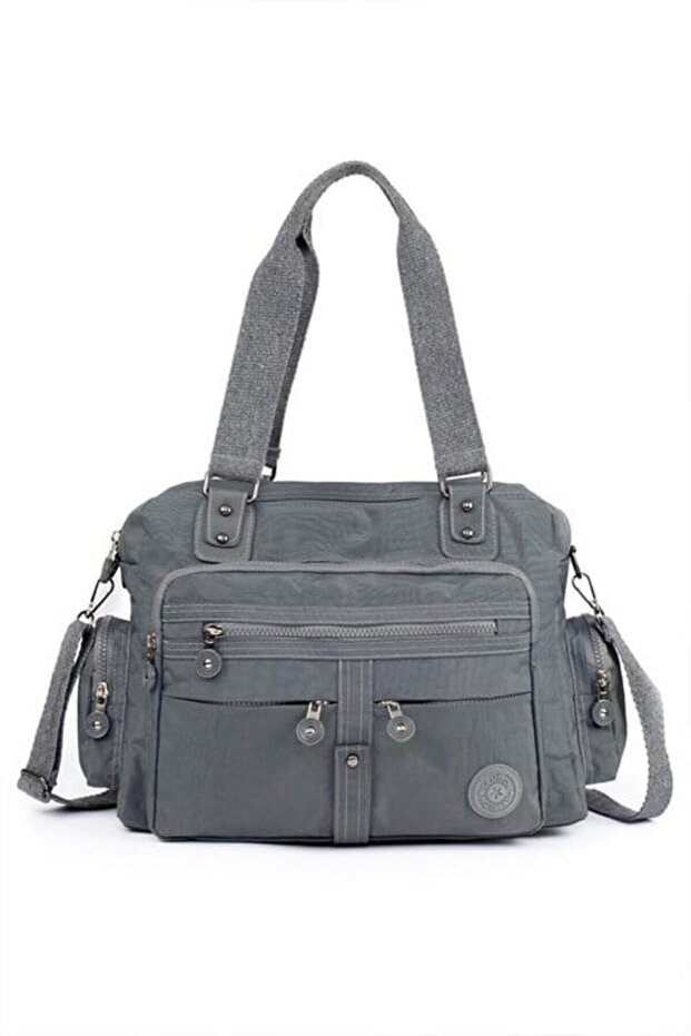 Gray Washed Leather Multi-Compartment Bag
