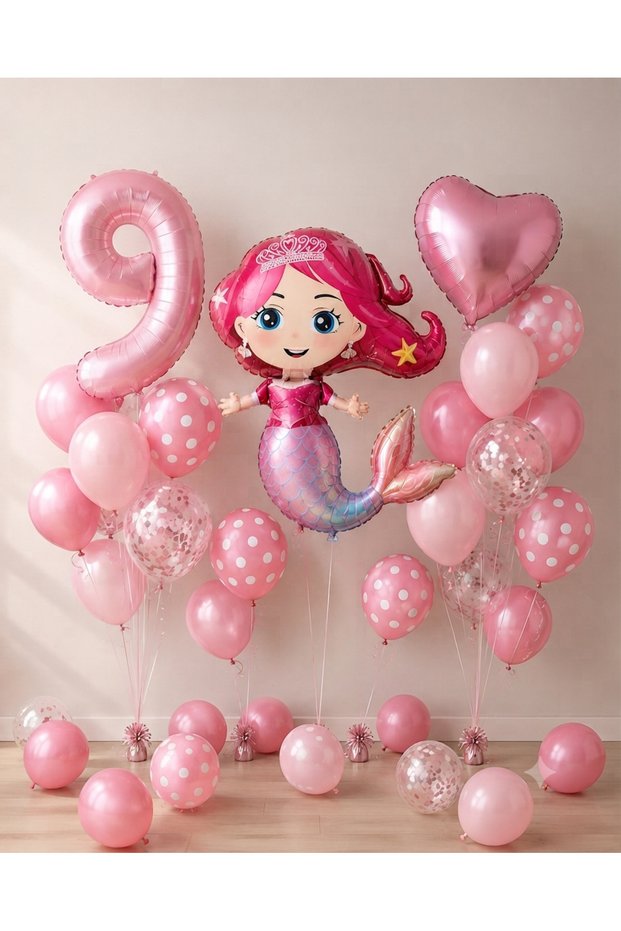 Party Mermaid 9 Year Old Birthday Balloon Set | Pink Number Foil, Heart Foil, Speckled Balloon, and Latex Balloon Decoration