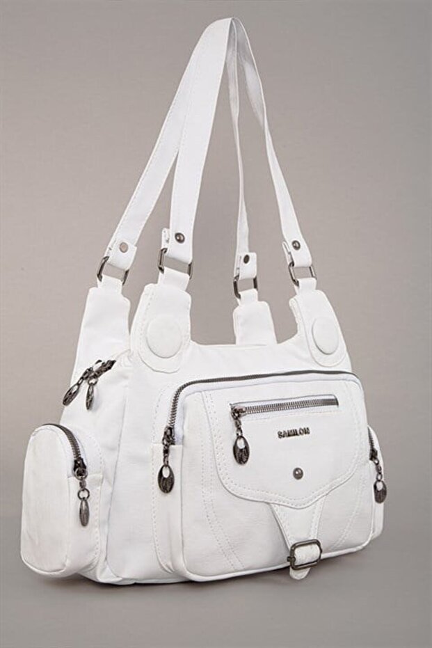 White Multi-Compartment Leather Shoulder Bag