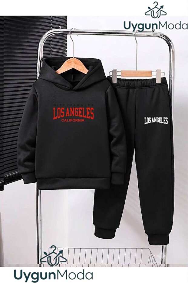 Red Losangeles Printed Hooded Thick Cotton Inside Padding Tracksuit with Pockets Children's Top and Bottom Tracksuit Set