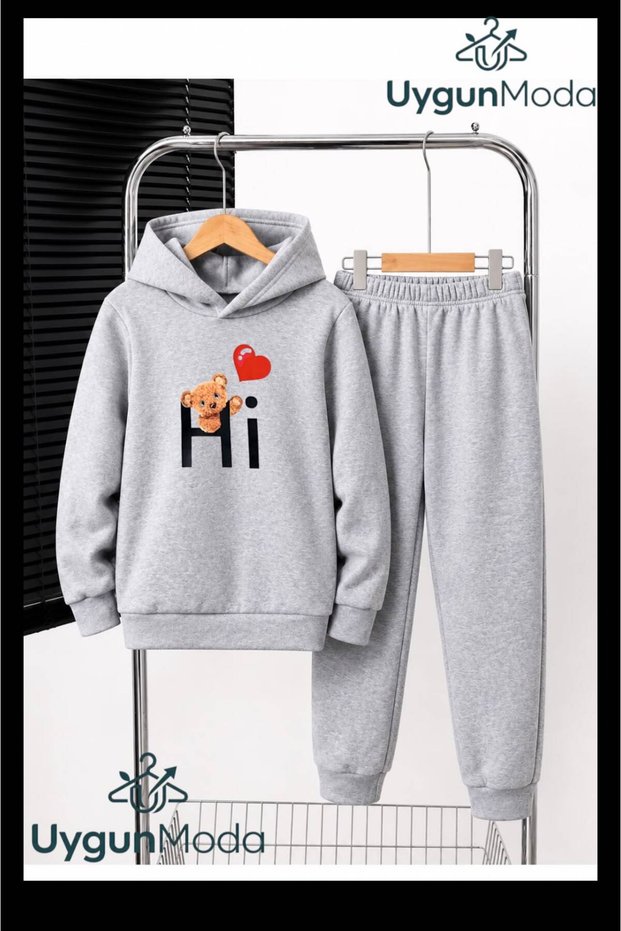 Children's Hooded Thick Cotton Inside Tracksuit with Hearts and Bears Printed on the Bottom, with Pockets, Top and Bottom Tracksuit Set