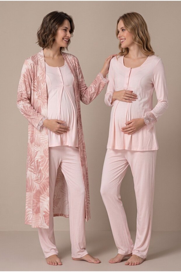 Women's Powder Patterned Long Sleeve Lace Maternity Pajama Set with Dressing Gown