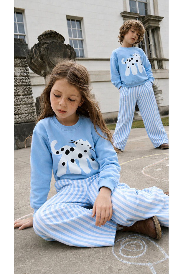 Unisex Top Cat Printed Sweatshirt with Striped Bottoms 3 Thread Fabric Bottom Top Tracksuit Set