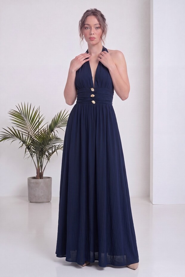Women's Backless Halter Neck Maxi Dress Khaki, Navy Blue, Black