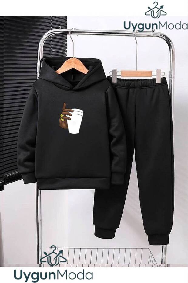 Bardak Visual Printed Hooded Thick Cotton Inside Lined Sweatpants with Pockets Children's Top and Bottom Sweat Suit Set