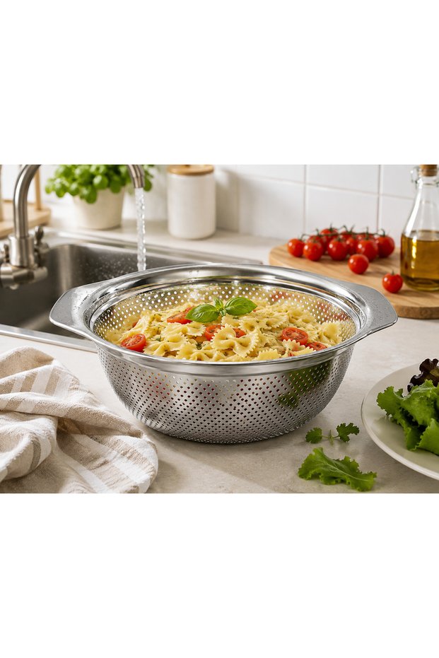 Stainless Steel Colander – 25 cm Wide Hole Kitchen Strainer – Vegetable, Fruit, and Pasta Washing and Draining Container