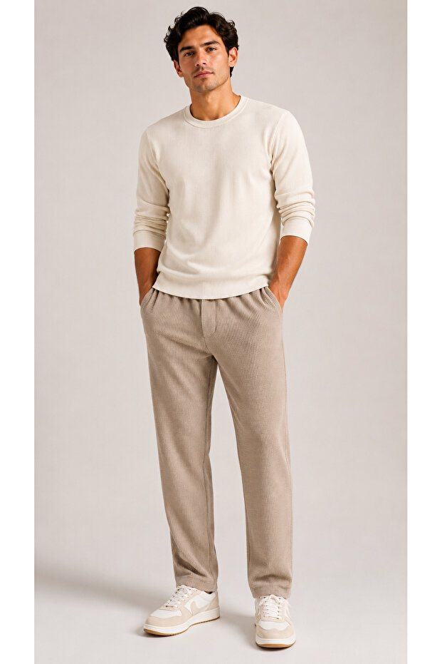 Men's 100% Cotton Waffle Textured Comfortable Fit Straight-Leg Trousers