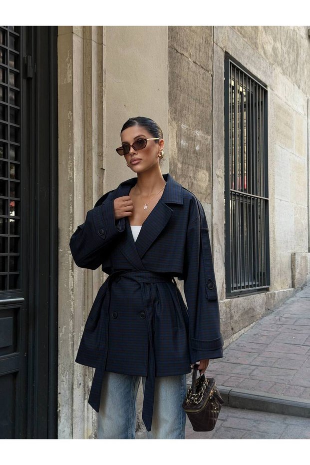 Women's Plaid Patterned Belted Trench Coat