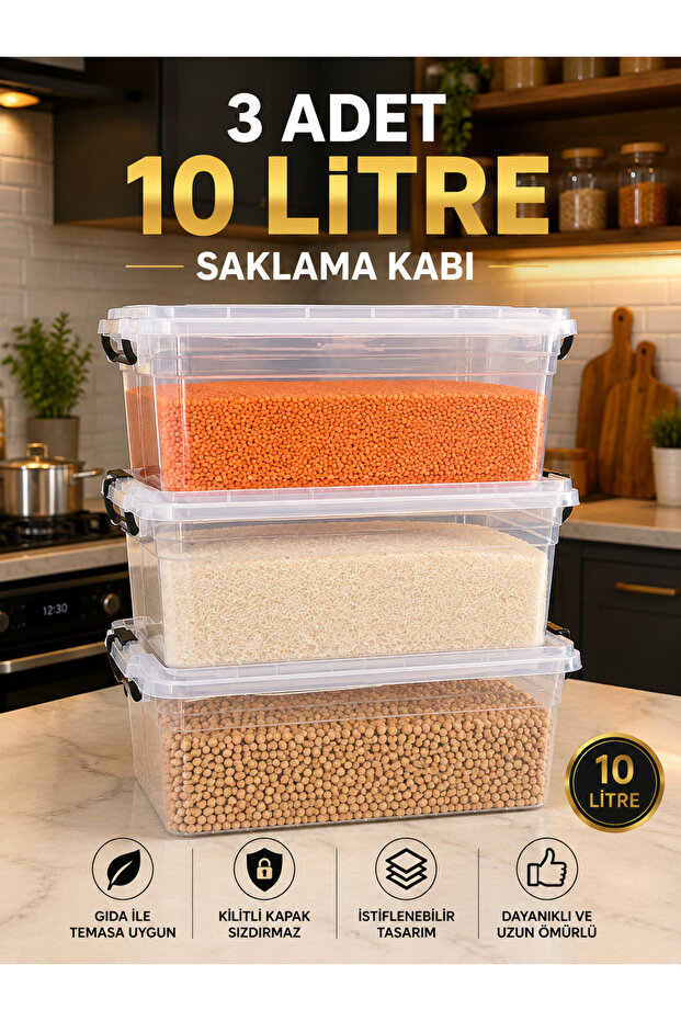 Modula 3-Piece 10 Liter Lockable Transparent Multi-Purpose Storage Container Set with Lids – Pantry, Kitchen, Toy and Organizer Box