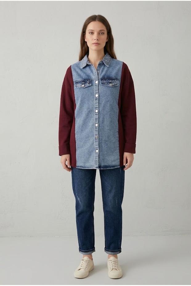 Cardigan-Looking Shirt, Knitwear, Textured, Stone Detailed, Pocketed, Buttoned, Stylish Women's Shirt