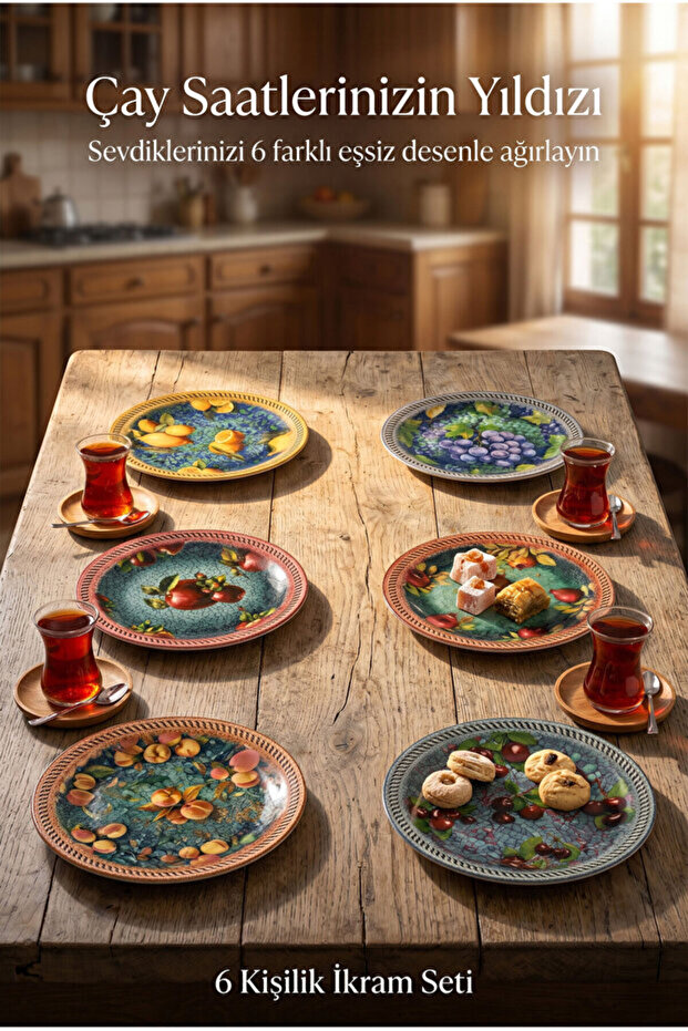 Alaçatı Esintisi Series Set of 6 Ceramic Cake Plates Fruit Patterned Dessert and Presentation Plate 20 Cm, Breakfast Gift Plate
