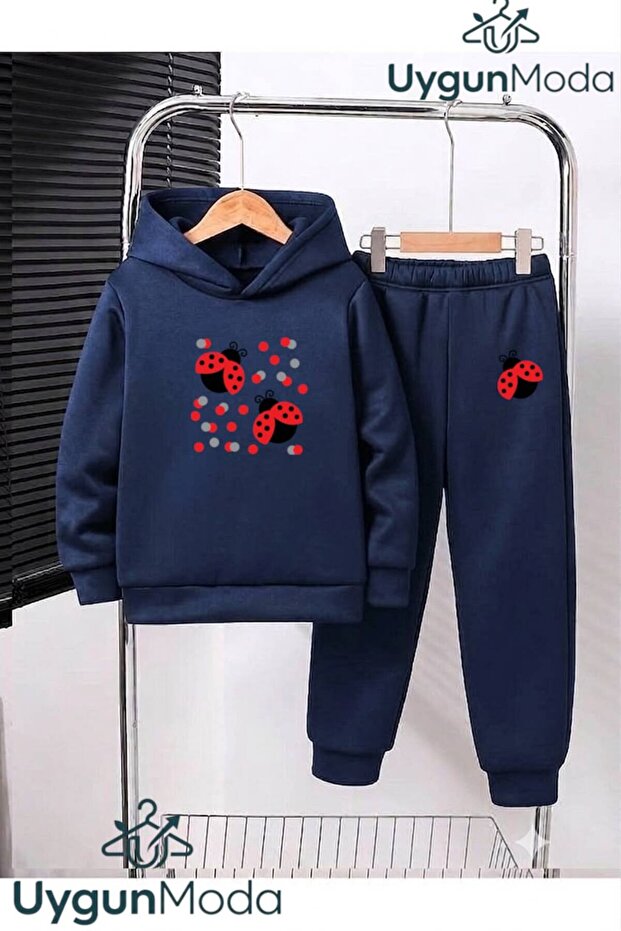 Ladybug Printed Hooded Thick Cotton Inside Sweatpants with Pockets Children's Sweatshirt and Sweatpants Set