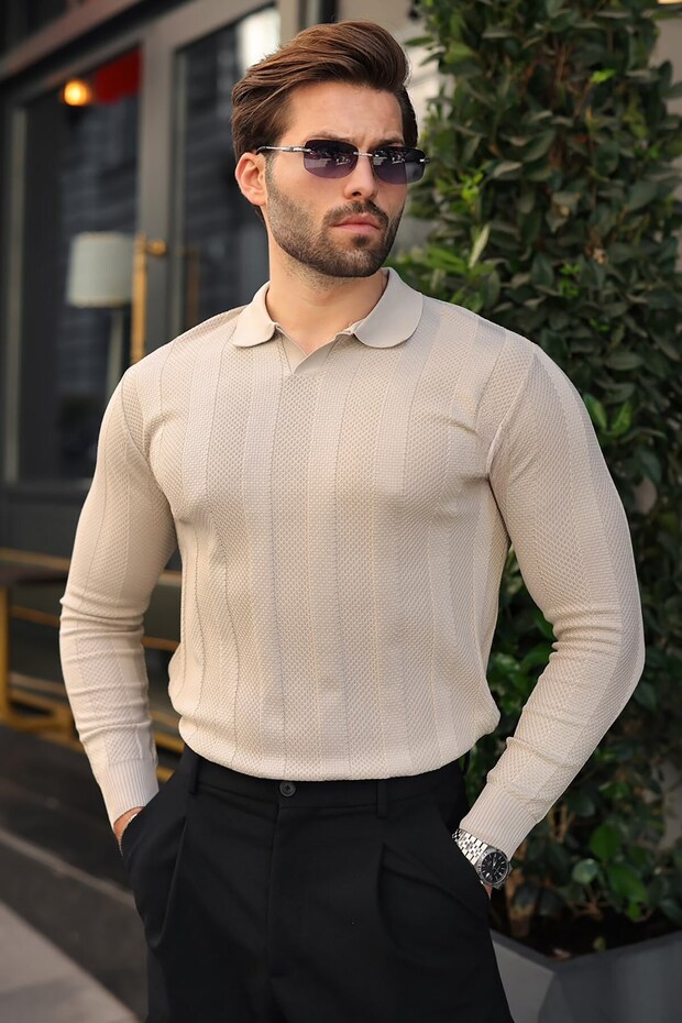 Stone Color Regular Fit Polo Collar Knitwear Men's Sweater E7509