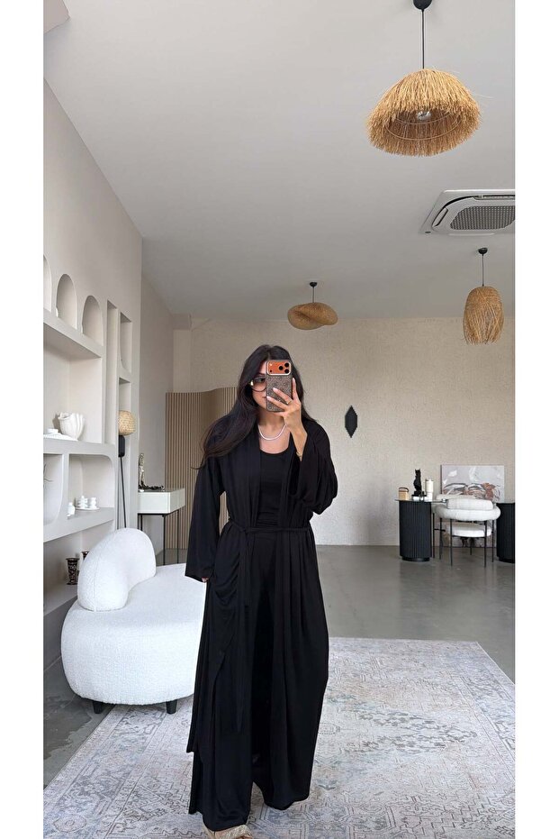 Black Slim Modal Triple Kimono Athlete Pants Set