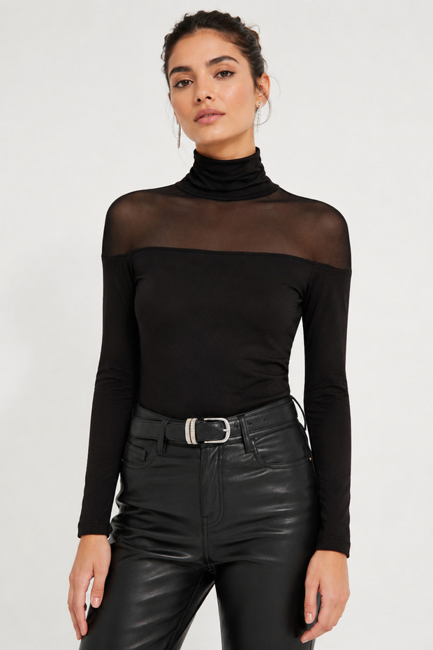 Women's Black Tulle Detailed Turtleneck Long Sleeve Blouse