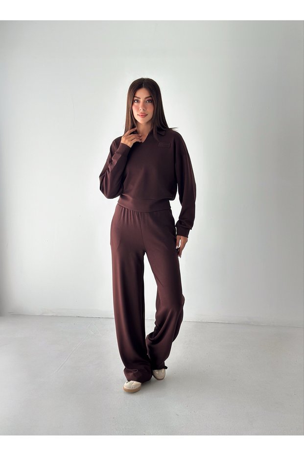 Women's Modal Fabric Embroidery Detailed Polo Collar Sweatshirt Double Set