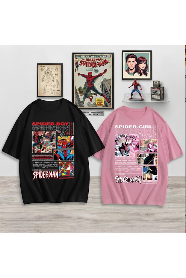 Spider Man-Spider Girl Printed Unisex Oversize Cut 100% Cotton Crew Neck Double T-Shirt