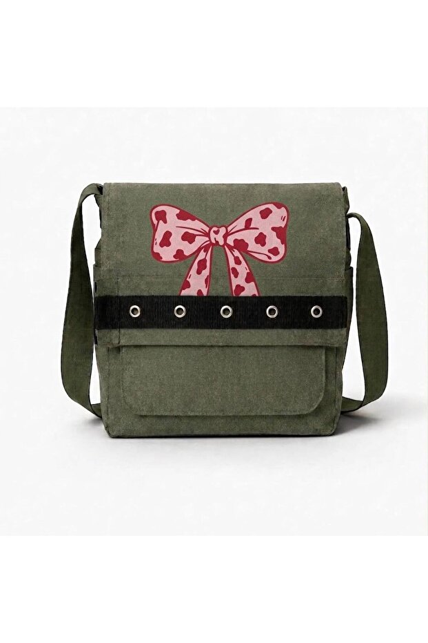 Khaki Heart Ribbon Printed Round Eyelet Messenger Bag