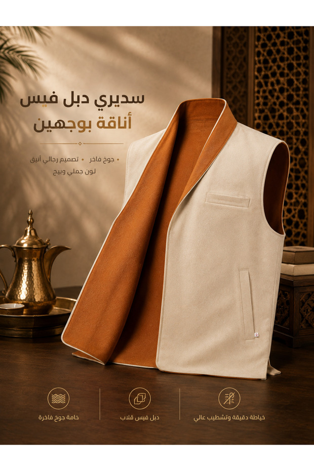 سديري ياقة دبل فيس جوخ رجالي قلاب – جملي × بيج