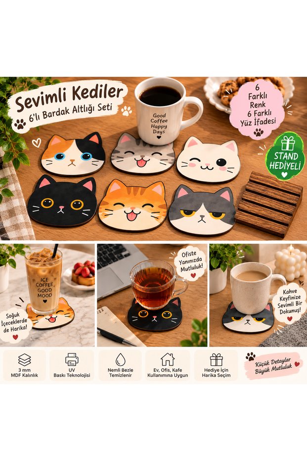 Cute Cats Set of 6 Cat-Shaped Mdf Coasters with Stand – Different Facial Expressions – Uv Printed