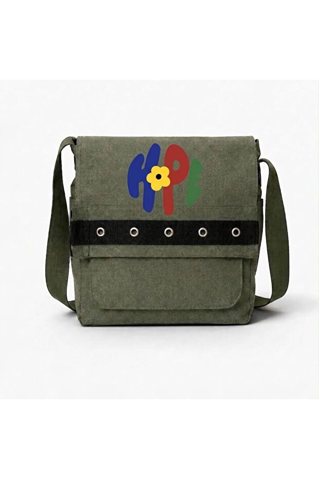 Khaki Hope Printed Round Eyelet Messenger Bag